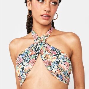 For Love and Lemons • Floral Halter Top with Checkered Pattern • Size M